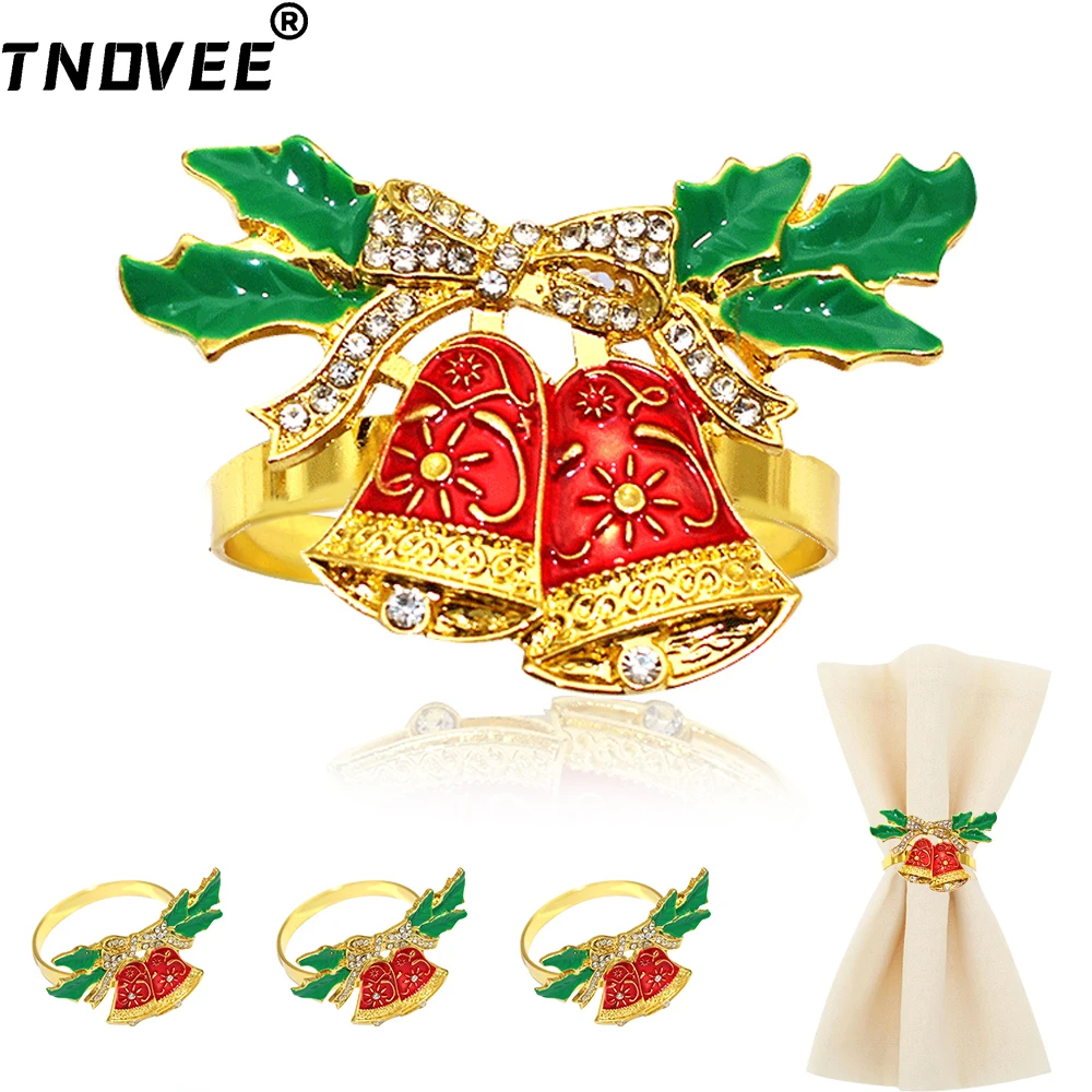 6Pcs Jingle Bell Napkin Rings Christmas Napkin Holder Gold Serviette Buckles for Wedding Holiday Christmas Party Table Decor