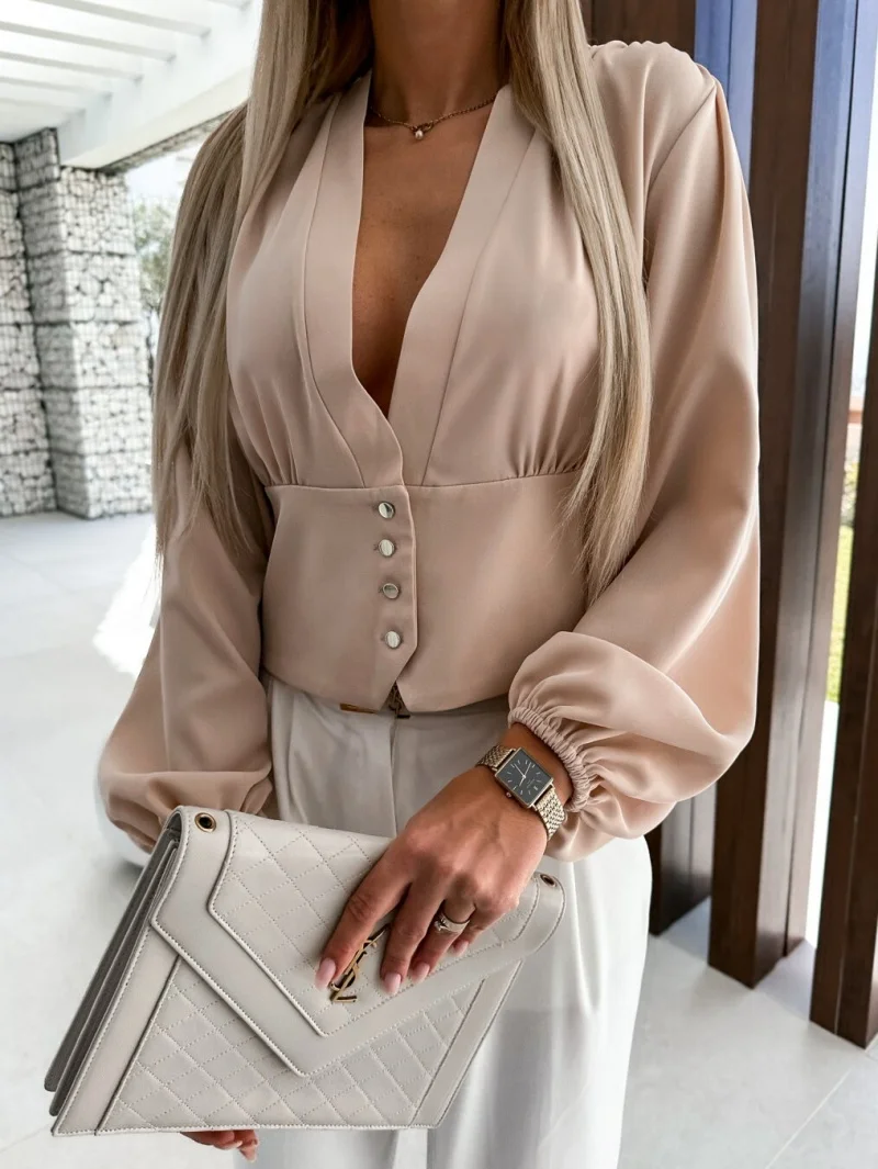 

Deep V Neck Puff Sleeve Blouse Cinched Waist Button Front Elegant Workwear Top for Women