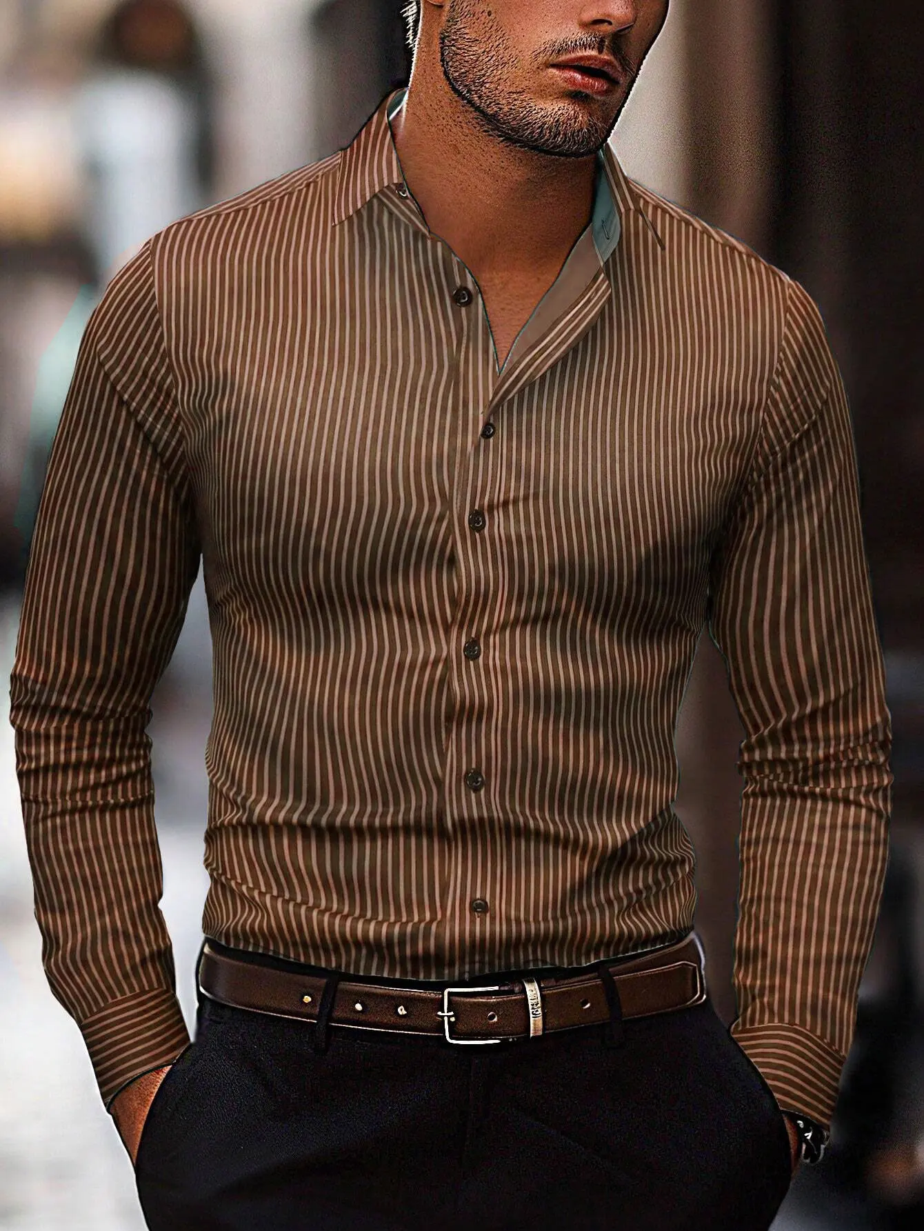 Men\'s fashion striped pattern shirt, casual breathable lapel button long -sleeved shirt comfortable and soft fabric shirt