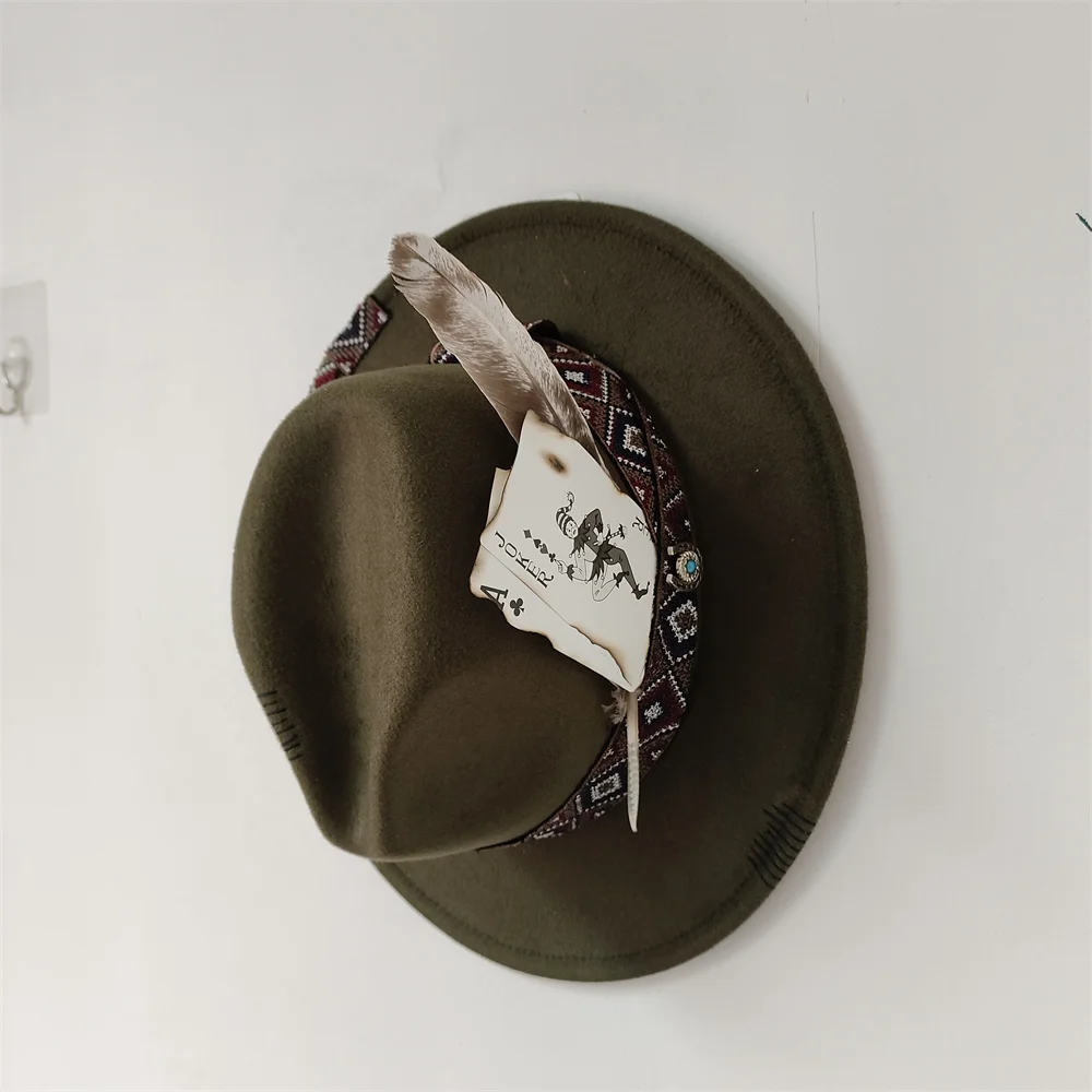 Men's and Women's Feather Fedora Army Green Felt Hat Wide Brim Jazz Hat Gentleman Hat Playing Card Design Fedora Autumn Winter