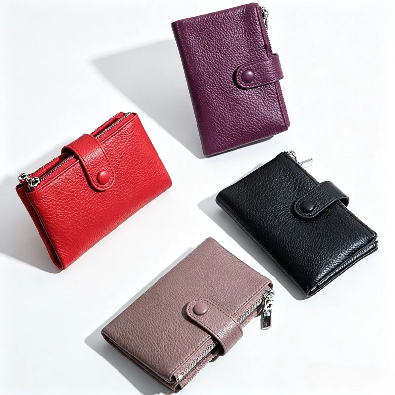 Anti‑theft RFID Protected Genuine Leather Wallet -Double Zipper Pocket Snap Fastener Multi‑Card Slots Purse with ID Photo Window