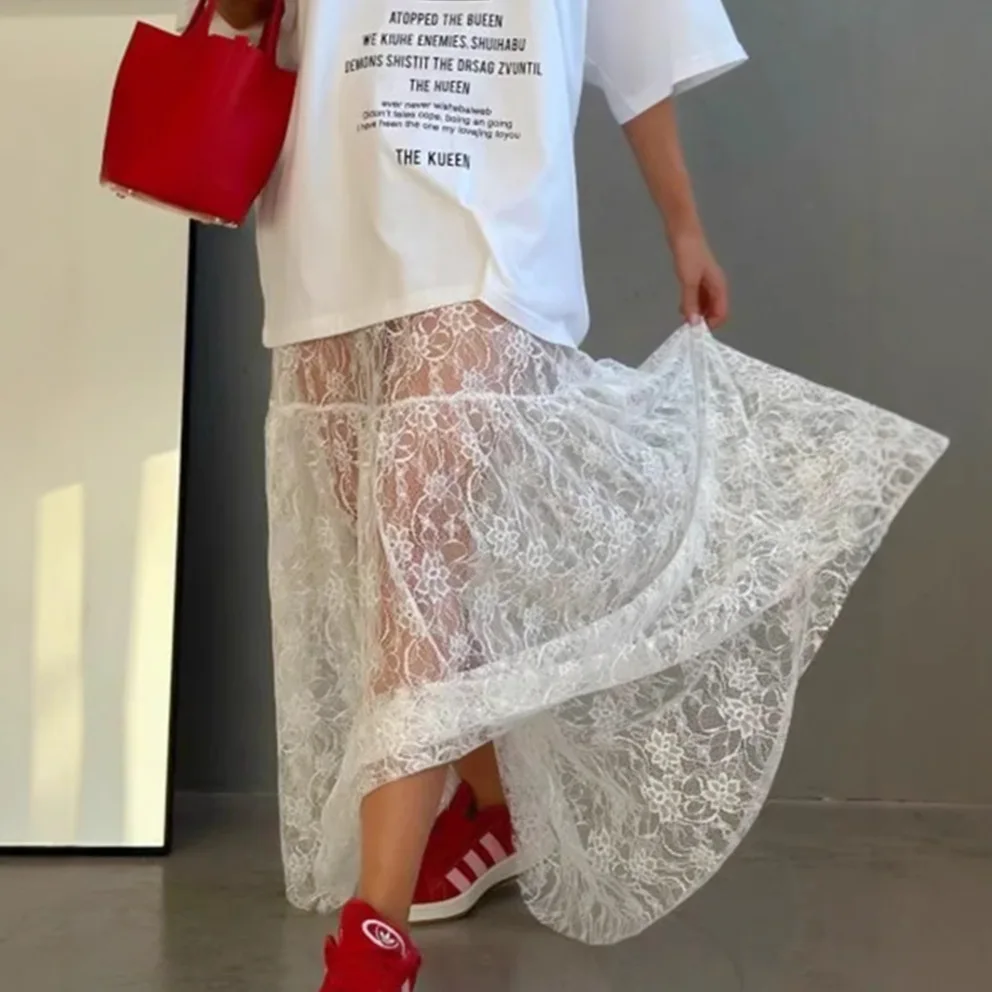 Lace Jacquard Autumn Women's Skirt White Hollow Out High Waist Lady's A-Line Skirt Instagram-Style Minimalist Skirt For Female