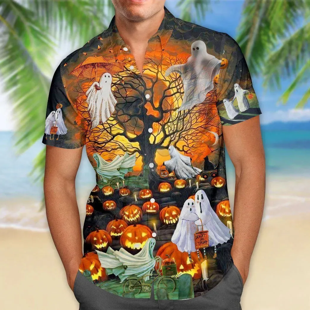 Chó Sục Boston Halloween Hawaii Áo Sơ Mi 3D In Hình Bãi Biển Hawaii Nữ Tay Ngắn Dạo Phố Quá Khổ Camisa Xã Hội Chemise Homme