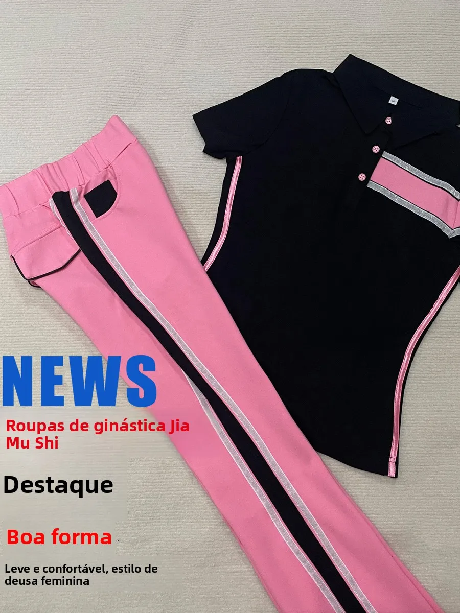 summer-fitness-dance-roman-cotton-short-sleeve-sportswear-set-black-and-pink-casual-women's-sportswear-high-waist-loose-fit