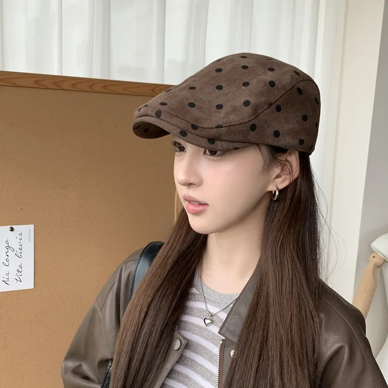 Women Polka Dot Newsboy Cap Suede‑Texture Ivy Flat Peaked Hat Retro Dots Pattern Beret Cap Casual Autumn‑Winter Street Headwear