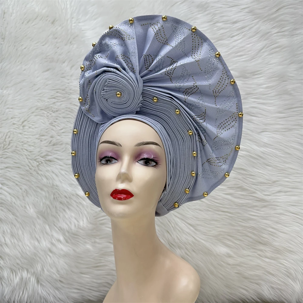 

African Headtie Turban With Stones Nigerian Aso Oke Fabric Muslim Headwear Gele Head Wrap Sego Headtie High Quality For Wedding