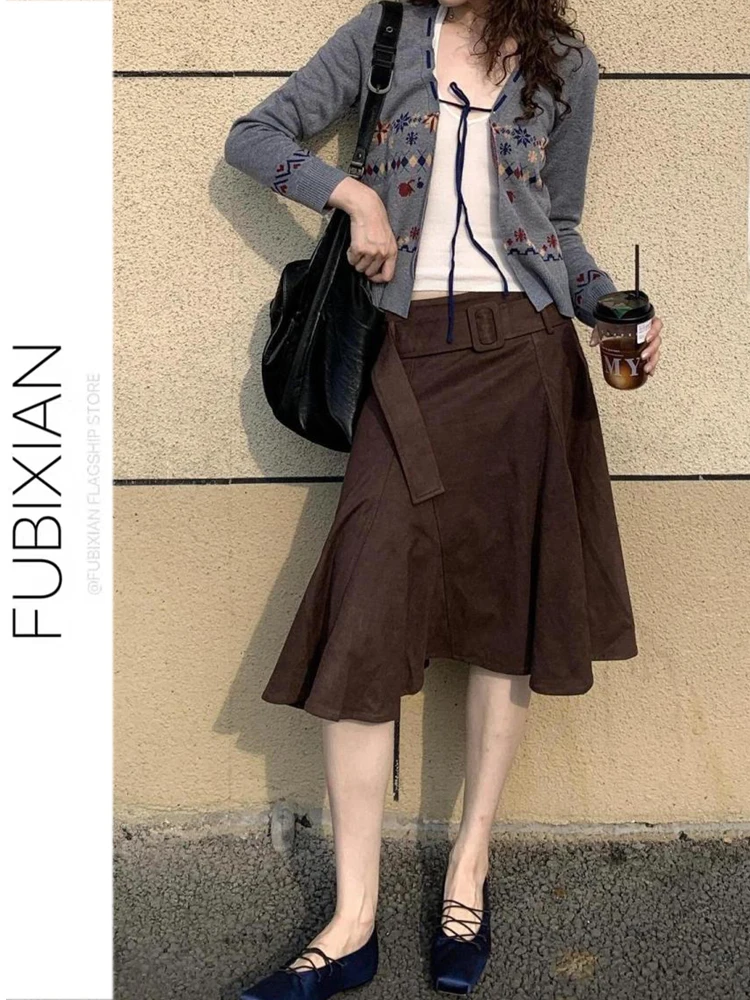 

Retro Suede f Skirt with Fi Tail And Lace Hem for Women Spring Autumn Midi Skirt Insert Cardboard Skirt Irregular Skirt