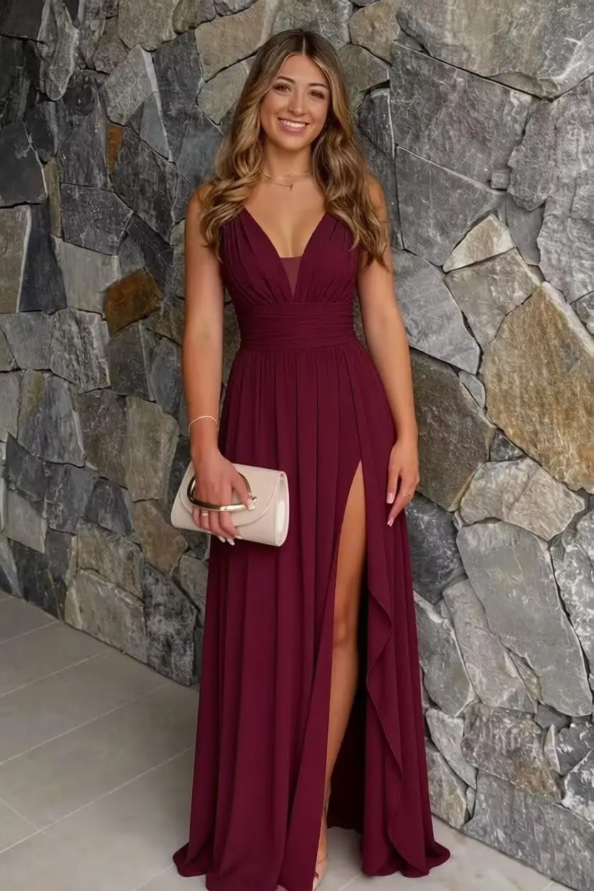Chiffon Bridesmaid Dress Long Spaghetti Straps V Neck Formal Evening Dress with Slit Prom Elegant Dress Women for Wedding Party