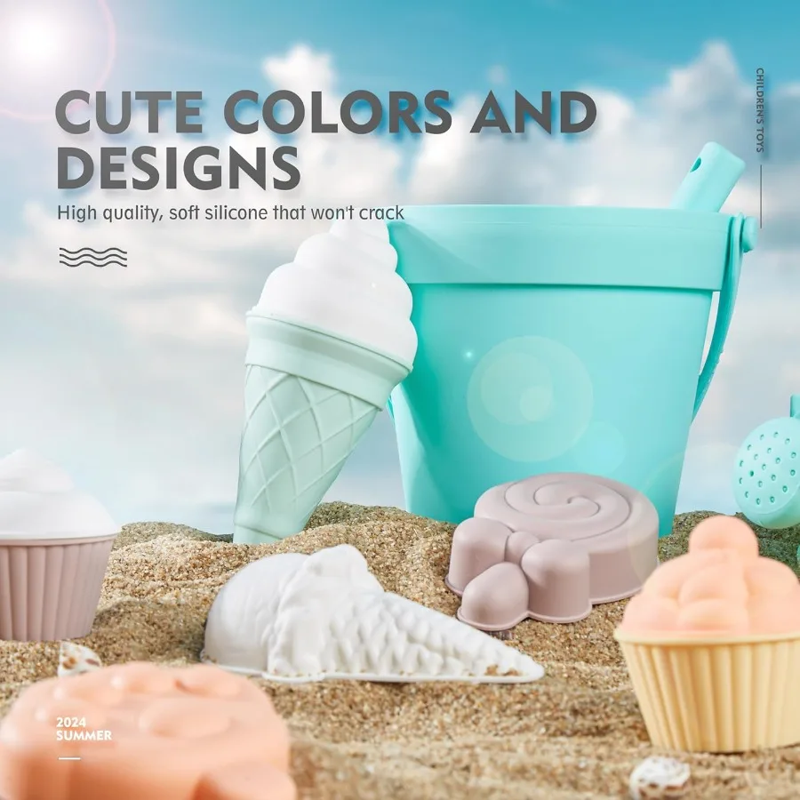 17 Uds juguetes de playa de silicona, juguetes de playa modernos para bebés, juego de playa apto para viajes, cubo de silicona, regadera, pala, 12 moldes de arena,