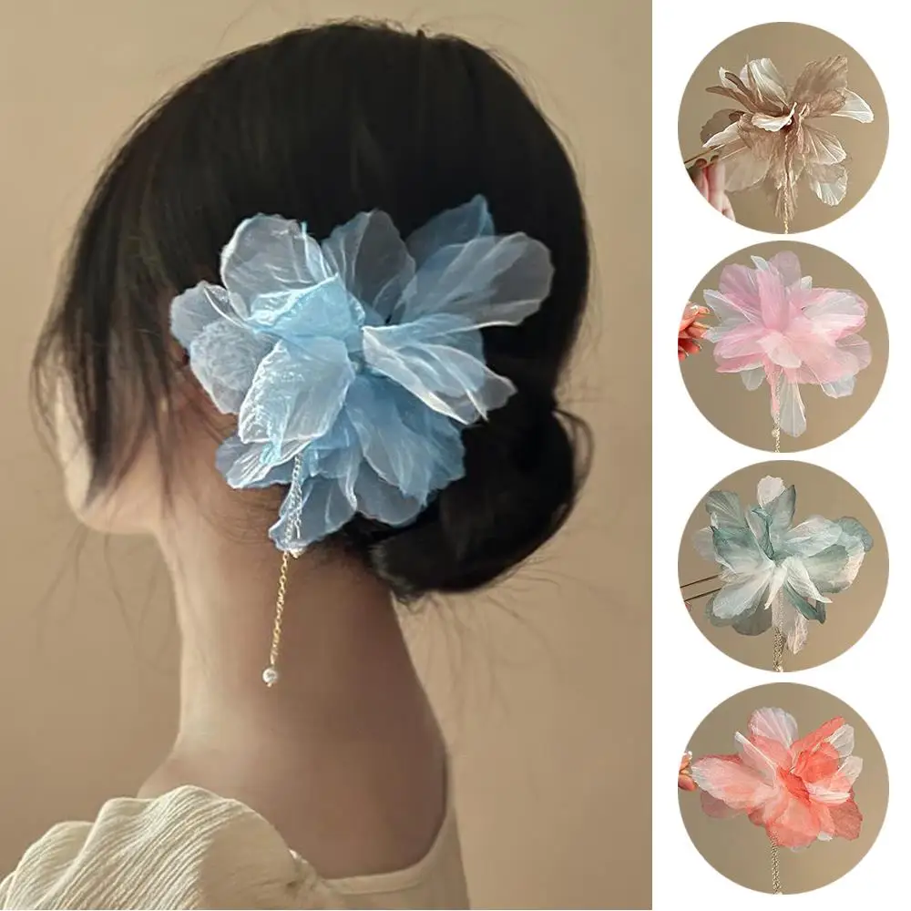 

New Chinese Style Flower Pearl Tassels Hairpin U-shaped Hairpin Hanfu Hair Sticks Elegant Hair Accessories Ladies Headwear