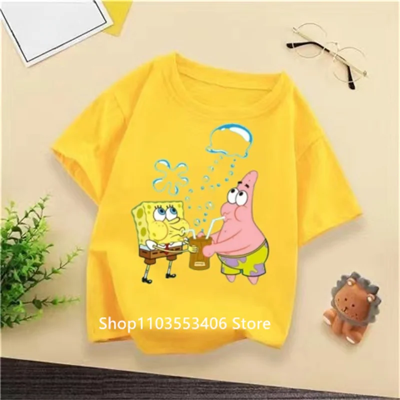 Fashion 2024 Summer Kids T-shirt, SpongeBob Squarepants Print Korean Hip Hop O-collar T-shirt, Harajuku kids set