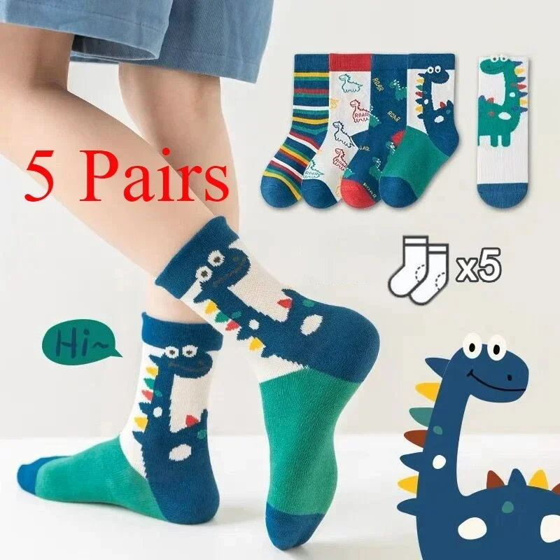 5 Pairs Children's Socks Mid-high Long Dinosaur Cartoon Design Boys Girls Baby Cartoon Socks Wholesale Autumn Winter New Style
