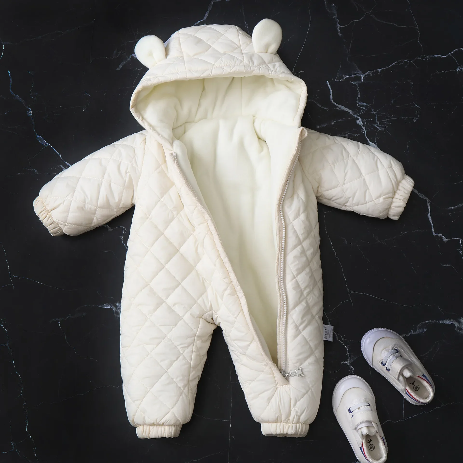 Ear Hooded Fleece Thickened Baby Romper 2024 Winter New Baby Clothes Soft and Warm One Piece Jumpsuits for Toddler Kids