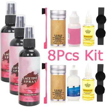 กาววิกผมลูกไม้ด้านหน้าสำหรับวิกผมที่มีทุกอย่าง (สเปรย์สีลูกไม้, กาววิก, น้ำยาล้าง, แท่งขี้ผึ้งแว็กซ์ขน, แถบละลายด้วยพัฟ, แปรง)