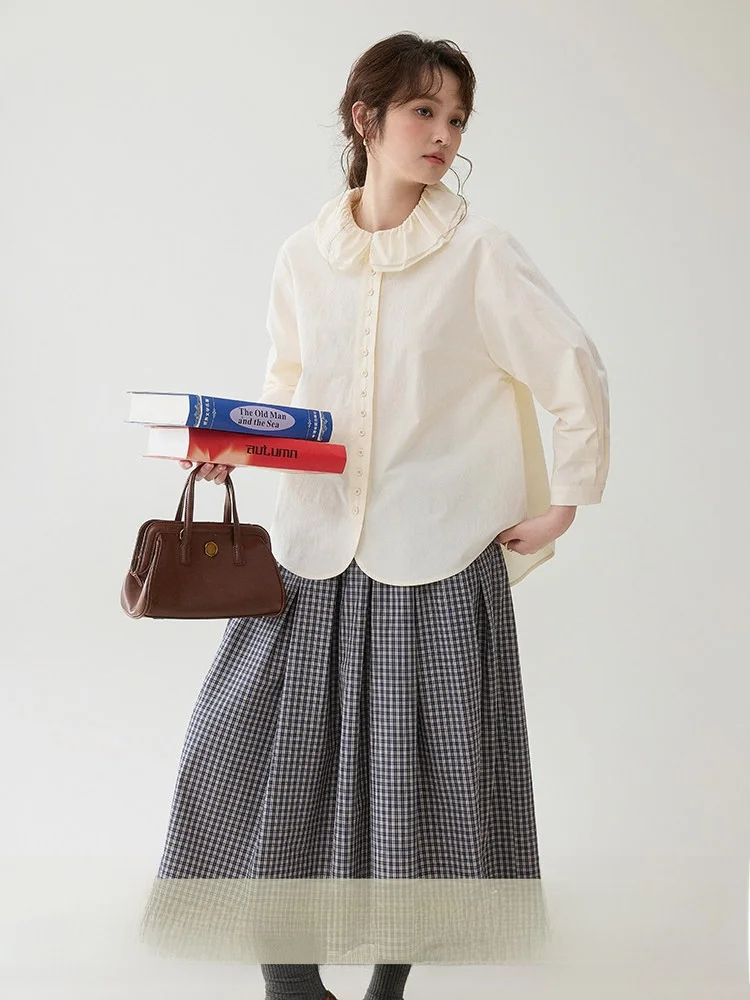 

AMUU Original Sweet Pure Color Cotton irt Women's Loose Button up Spring New Sle Lotus Le Collar Breathable Long Sve