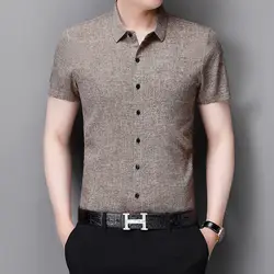 Summer New in Shirts Men Clothes Short Sleeve Printed Solid Casual Loose Turn-down Collar Button Fashion Slim Vintage Tops