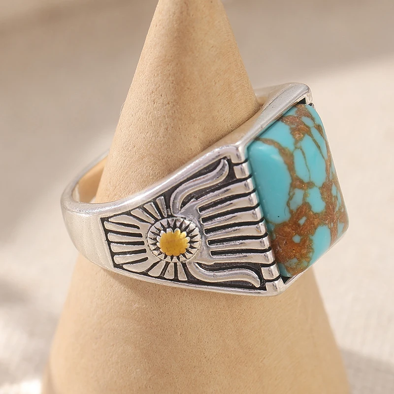 Vintage Silberfarbener Ring mit Eingelegtem Imitiertem Türkis für Damen Geometrischer Alltags- und Partyschmuck – Detail 1