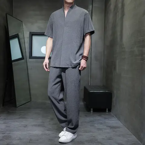 새로운 중국식 선(禪) 캐주얼 아이스 실크 시원한 느낌 반팔 상의 고급스러운 버블 루즈 팬츠 투피스 세트