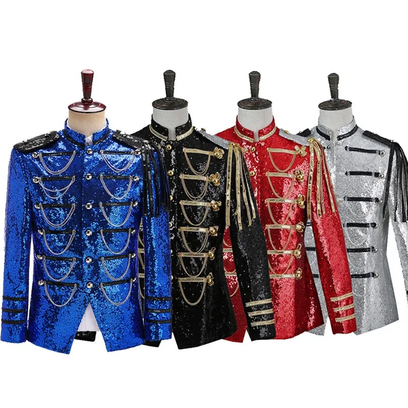 

Men's Sequined Military Uniform Dress, European Court Style Stage Performance Costume, Four-color Shiny Performance Jacket, Top