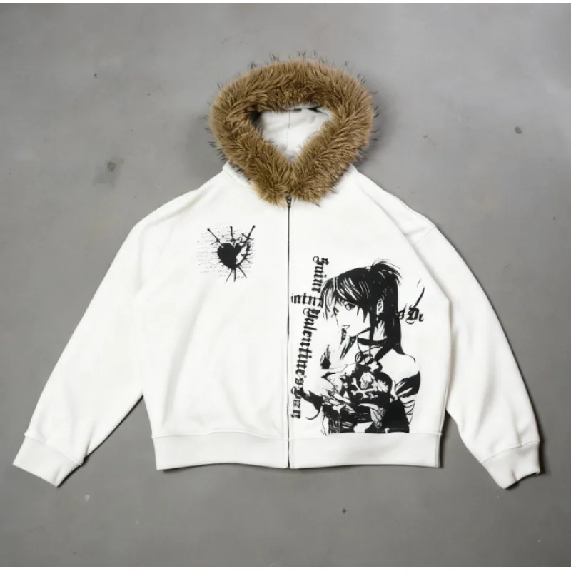 سترة Y2K النسائية ذات القلنسوة البيضاء، سترة منفعلة من الفرو الصناعي برسومات الرسوم المتحركة، ملابس خارجية كاجوال مستوحاة من المانجا
