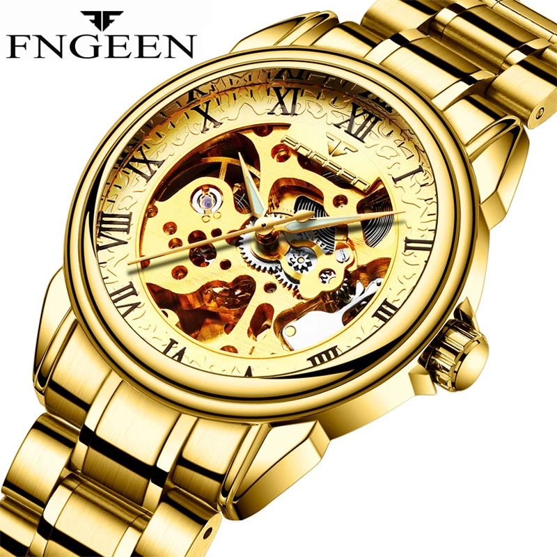 FNGEEN Gold Skeleton Mechanical Watch for Men Stainless Steel Band Waterproof Luminous Classic Mens Watches Top Brand Luxury