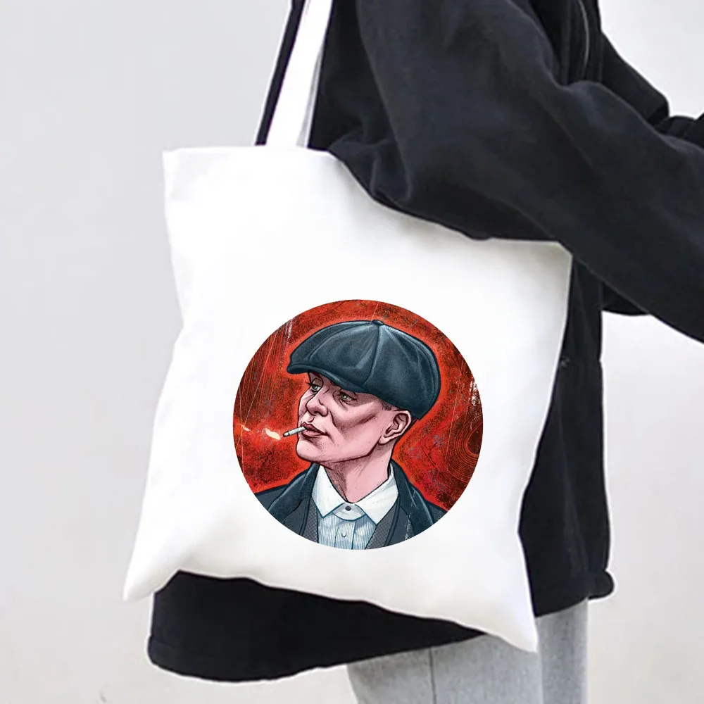 Thomas Shelby Portrait Peaky Blinders Women Canvas Shoulder Bags Harajuku Handbag Totes Eco Shopper Reusable Cotton Shopping Bag