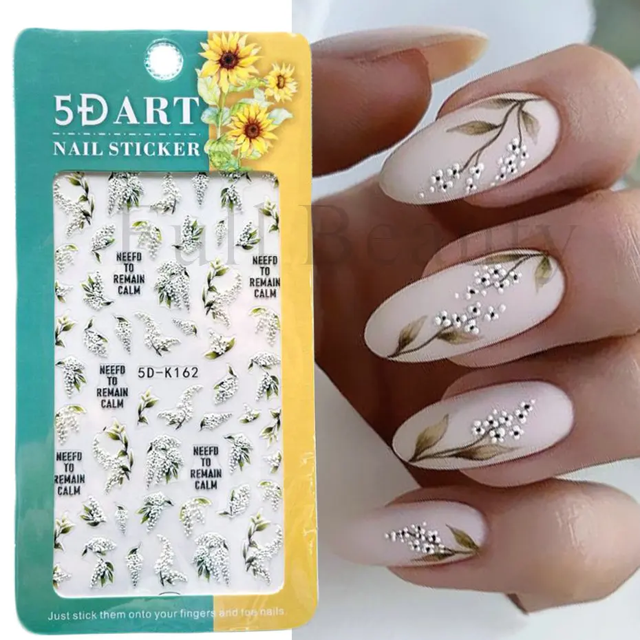 5D Embossed Nail Art Stickers White Lily of the Valley Tulip Dreamcatcher Gel Polish Wedding Flower Engraved Slider Tips BE5D-K