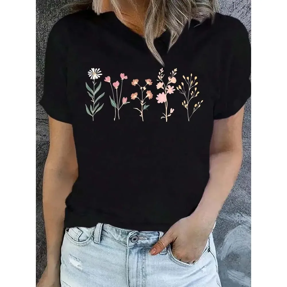 Drôle imprimé fleuri femmes T-shirt été décontracté à manches courtes haut col rond pour femme fleur vêtements hauts t-shirts Y2K Streetwear