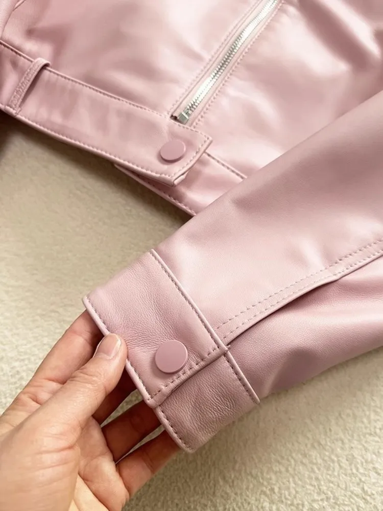 Giacca da donna in vera pelle con zip colletto alla coreana tinta unita vita alta cappotto corto da motociclista capispalla primaverile a maniche lunghe da strada