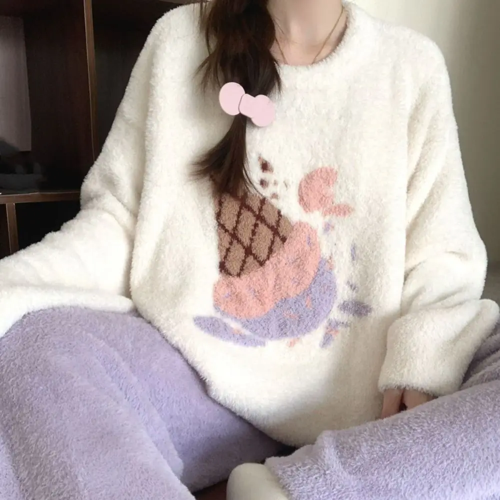 Słodki Zestaw Piżamy z Polaru z Motywem Konia, Piżama z Długim Rękawem z Kreskówkowym Kaczką i Królikiem, Luźny Strój Piżamowy Kawaii na Zimę, Jesień i Zimę