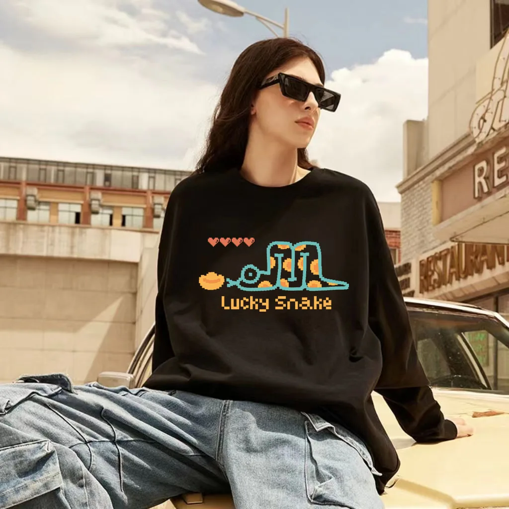 

LUCKY SNAKE Cartoon Pattern Print Crew Neck Sweatshirts 2025 New y2k Fashion Trend Pullover