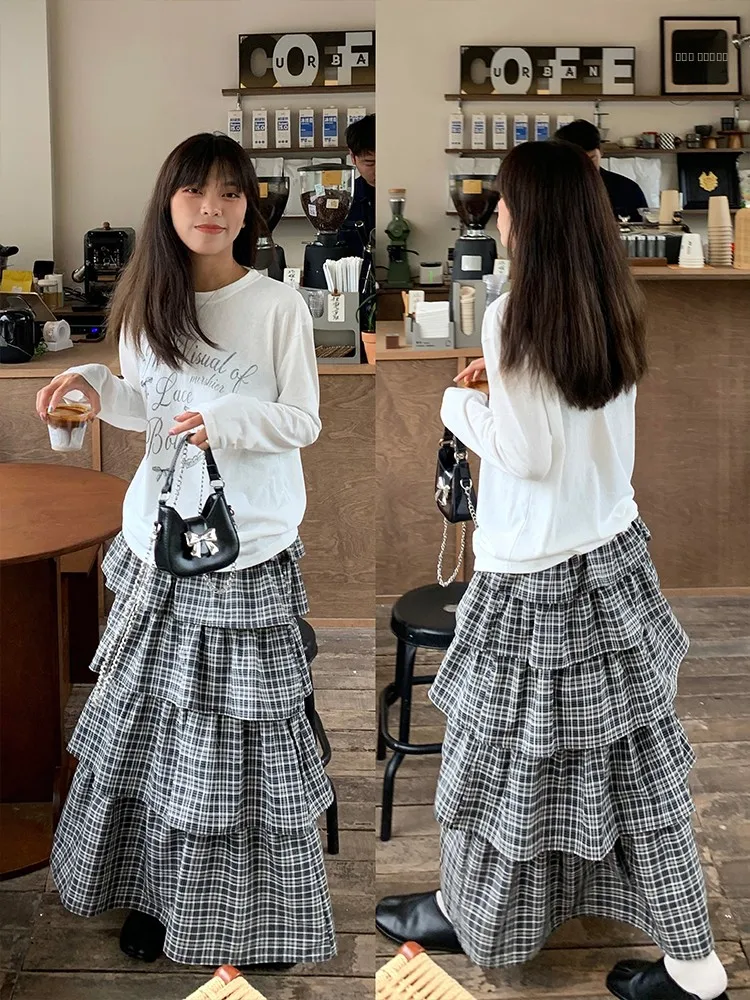 

Korean Sle Sweet Plaid Multi-Layered Puffy Skirt Long f-length Summer Skirts for Girls Versatile Polyester Daily Wear