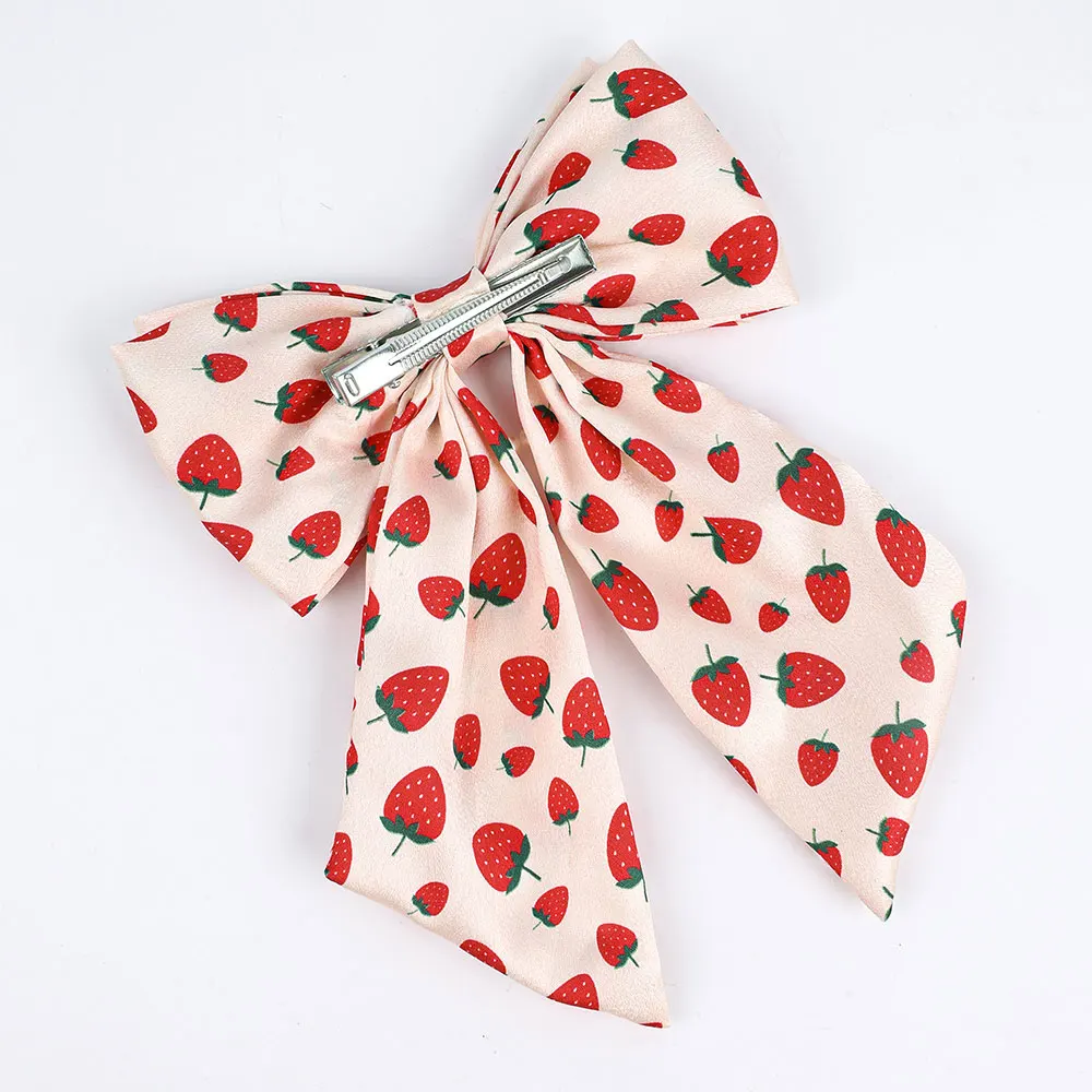 Fashion Chiffon Bow Hair Clip Elegant Women Pearl Hairpin Strawberry Print Korean Summer Headwear Girls Hair Accessories