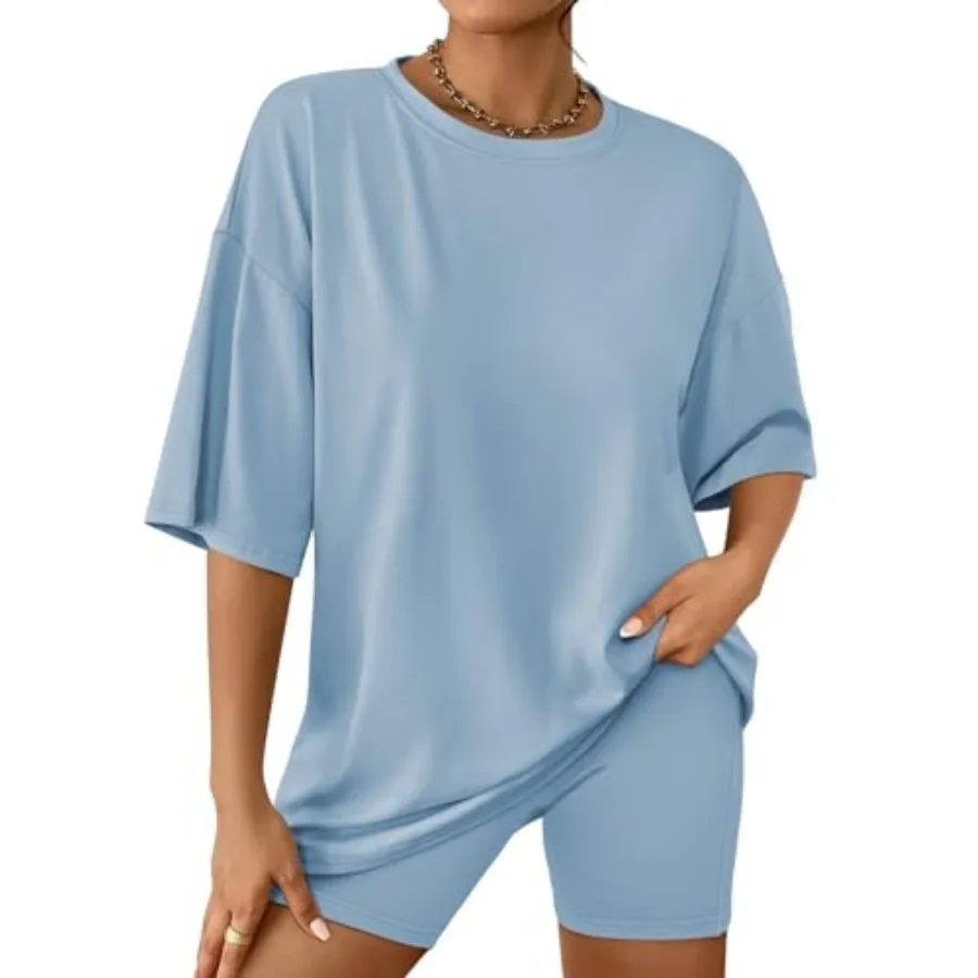 

AUTOMET Womens 2 Pcs Sets Summer Outfits 2026 Two Pcs Lounge Set Matching Clothing Oversized Tshirts Biker Short Fashion