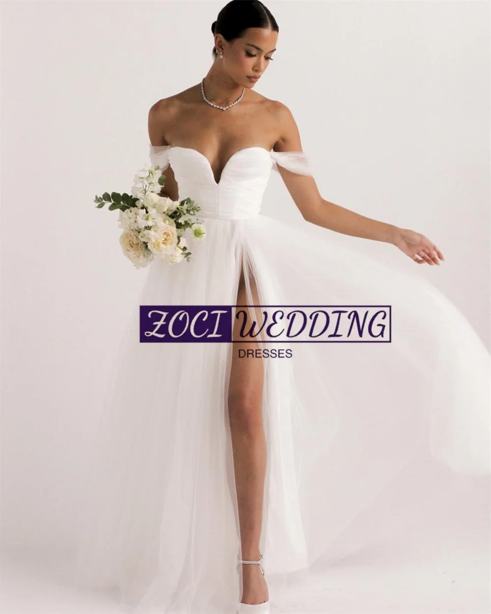 Zoci Sweetheart Beach-vestidos de novia línea A, vestido de novia de tul satinado con hombros descubiertos, vestido de novia personalizado de princesa con abertura lateral alta