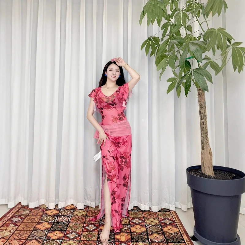 ملابس الرقص الشرقي للنساء أنيقة مزاجه شبكة رداء عقال حزام ملابس داخلية 4 قطعة زي أداء Saidi Shabbi Baladi