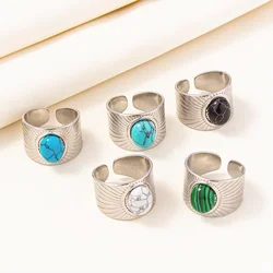 2024 New Vintage Natural Stone Ring for Women Men Silver Color Metal Trendy Geometry Rings Jewelry Water Proof Stainless Steel