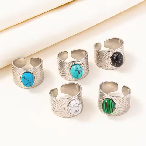 2024 New Vintage Natural Stone Ring for Women Men Silver Color Metal Trendy Geometry Rings Jewelry Water Proof Stainless Steel