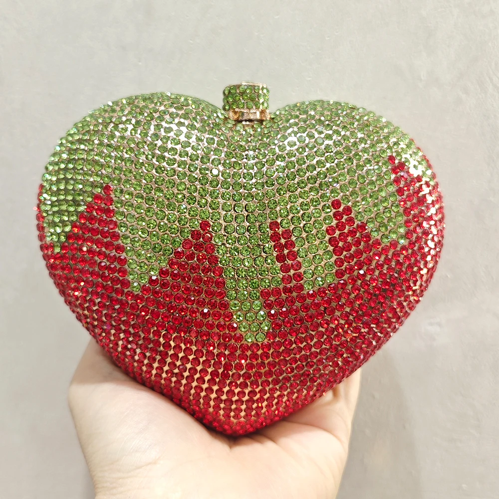 

Heart Shape Crystal Bags Green Leaves Red Diamond Evening Clutches Fashion Mini Women Party Prom Clutch Purse Lady Handbags