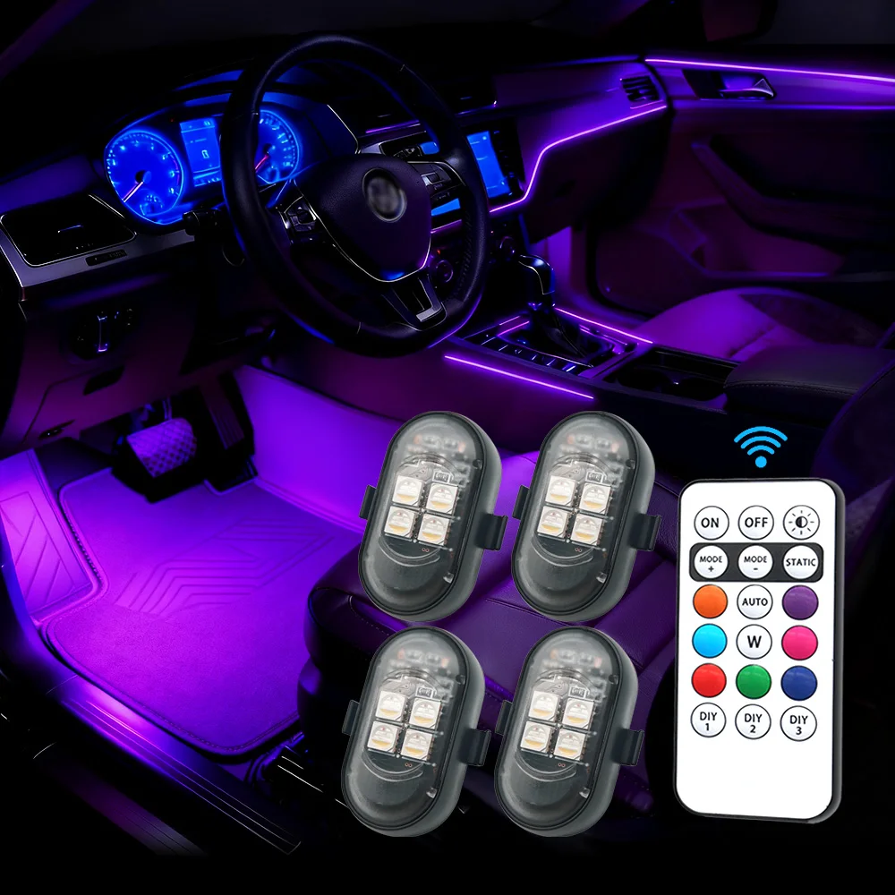 Zestaw akumulatorowych lamp LED do samochodu, lampy LED zmieniające kolor RGB z pilotem, dekoracyjna lampa nastrojowa do samochodu i motocykla