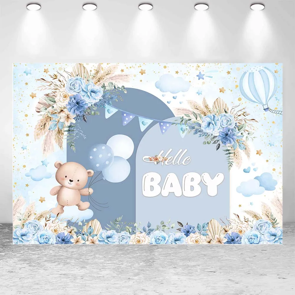 Mocsicka Bohemian Baby Shower fondale Bear Blue Flower Pampas Grass Hello Baby Boys Welcome Party Decor sfondo puntelli personalizzati