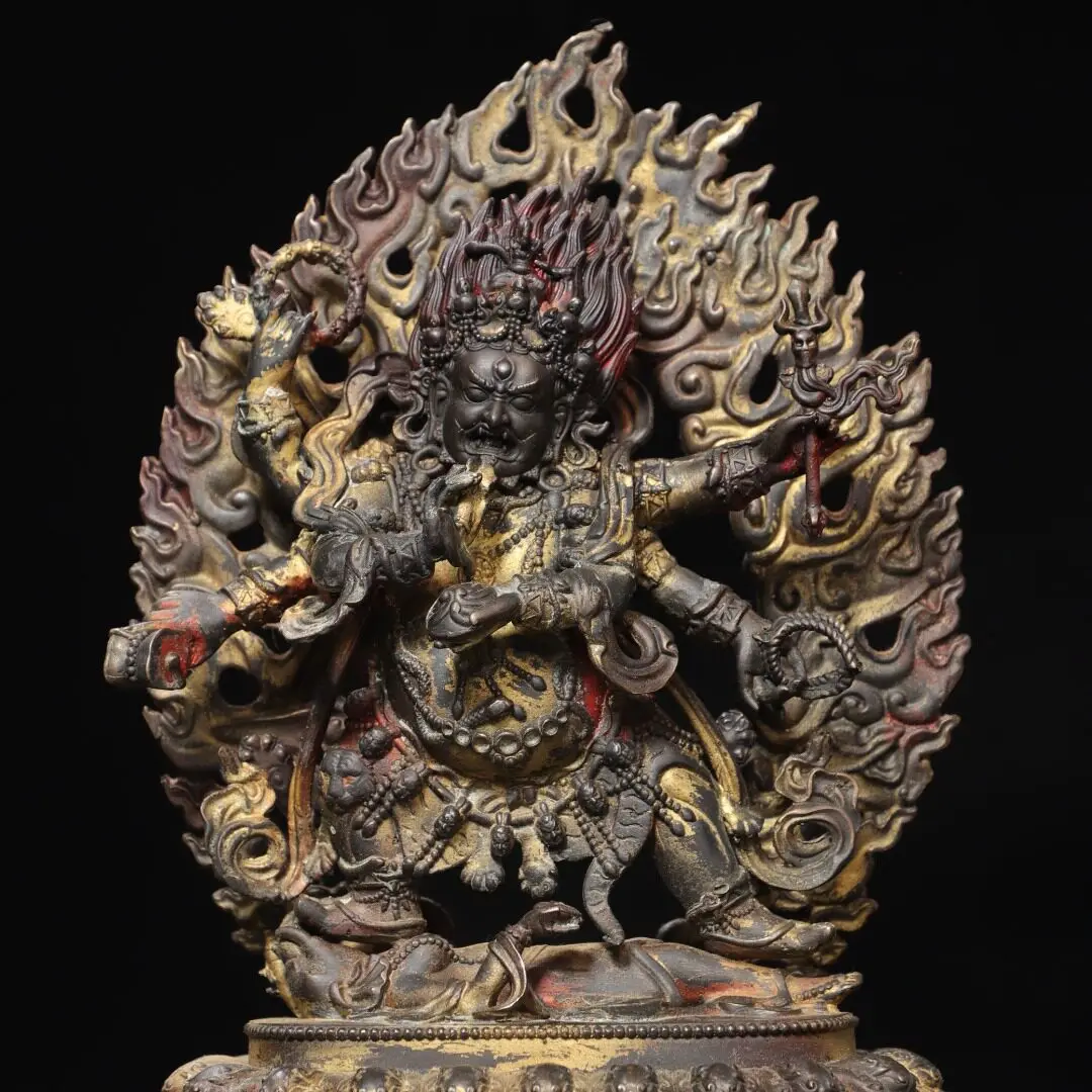 Tibetan brass gilt painted face antique six-armed Mahagala Buddha statue of the God of Wealth Home Hall supplies ornament 30cm