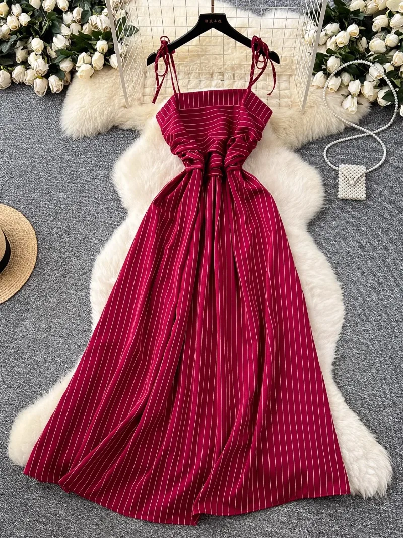 Holiday Sling Striped Printed Dress Women's Summer Waist Slimming Elegant Vacation First Love Dresses Women Long Beach Dress