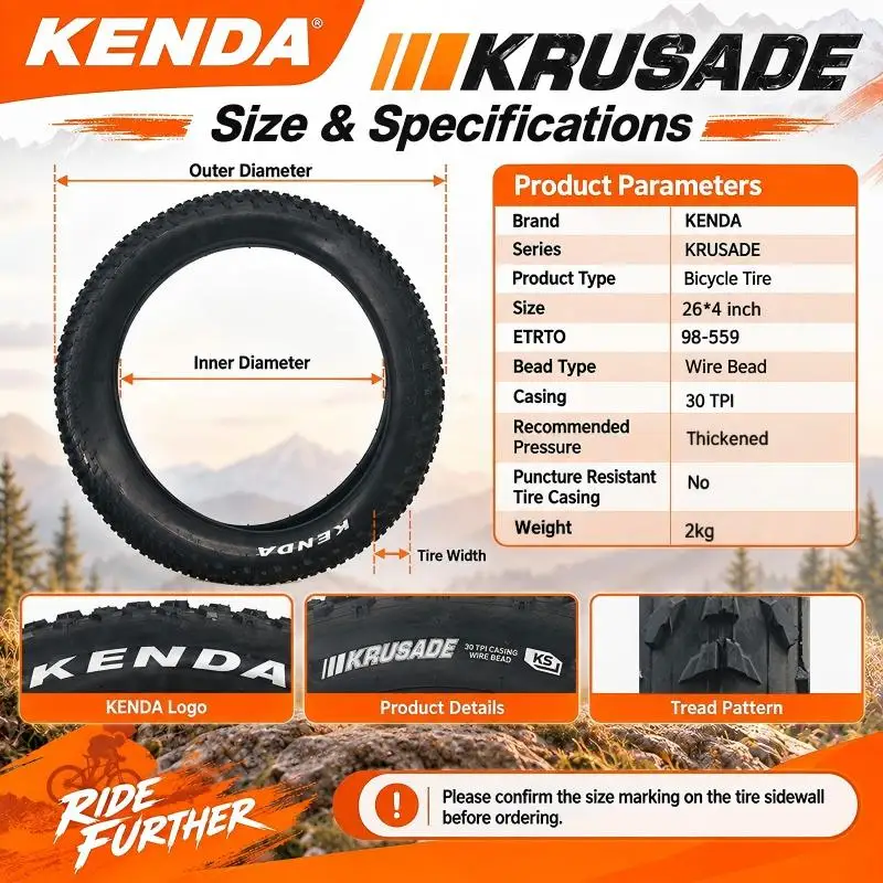 KENDA K1188 26x4.0 Fat Tire 98-559 Wide Bike Tire Mountain Snow Beach Tire 30TPI Wire Bead All Terrain Off Road Bicycle Tyre