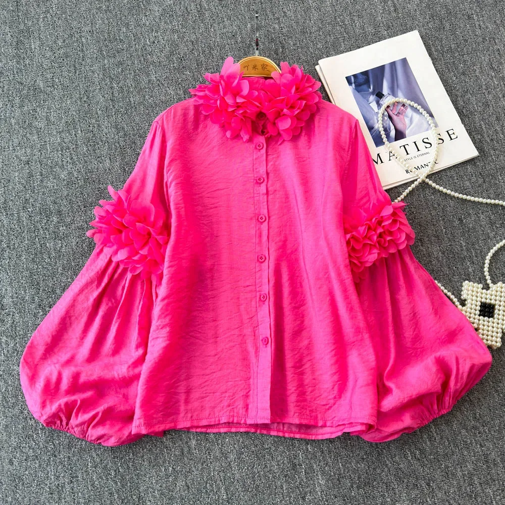 Vintage Ruffle Chic Single Breasted Basics Long Lantern Sleeve Top Women Korean Ins Streetwear High Street Spring Autumn Blouse