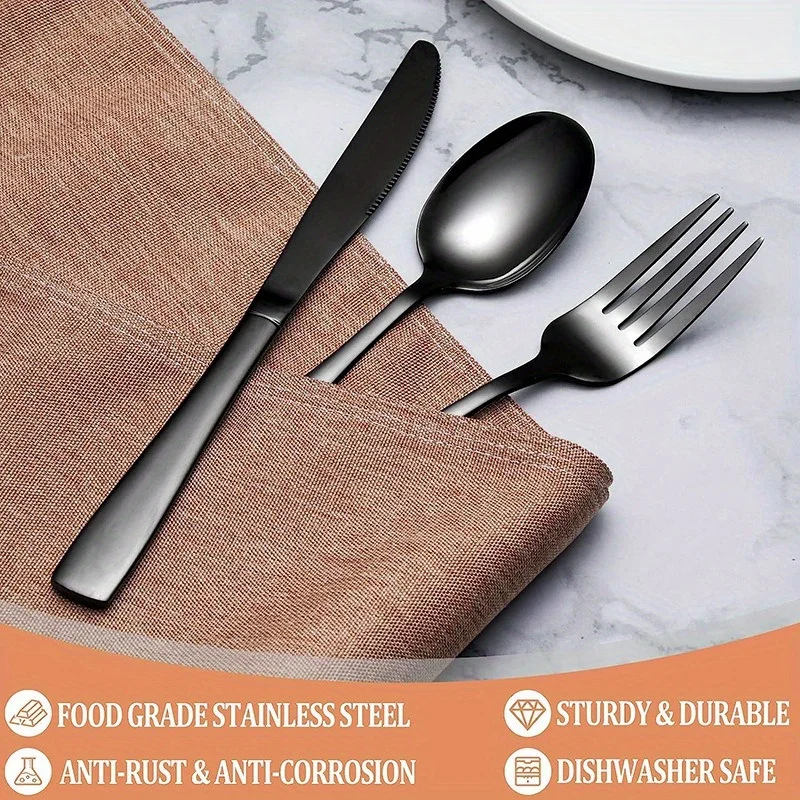 Western Tableware Stainless Steel Black Cutlery Set Elegant Dinner Set Mirror Knife Fork Spoon Kitchen Utensils