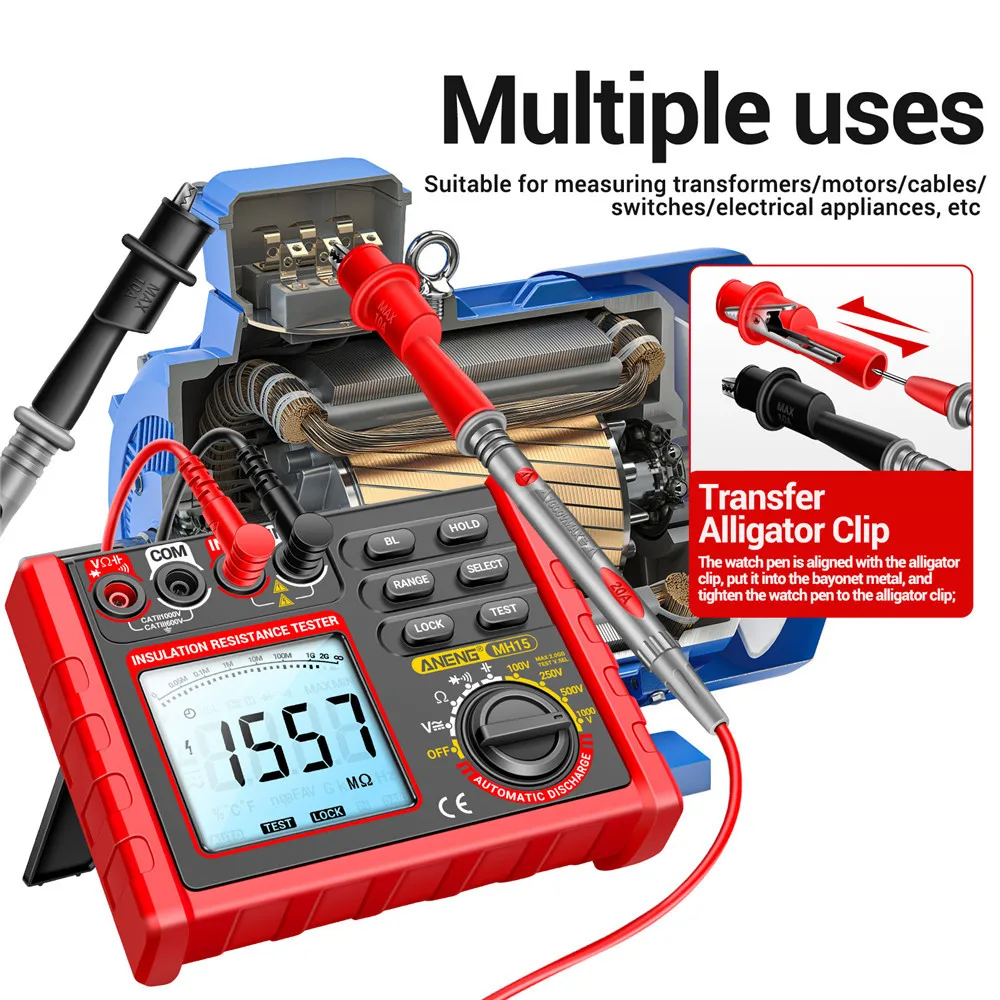 MH15 Insulation Resistance Tester Digital Megohmmeter AC/DC Voltage 0-750V/1000V Capacitance 0-60mF High Accuracy Multimeter