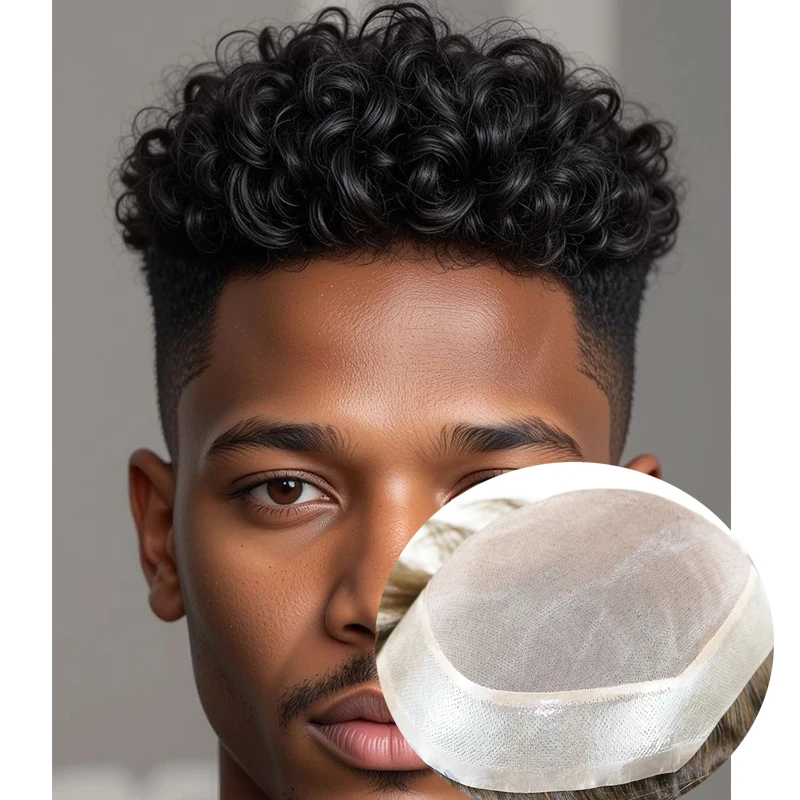 

Cheapeat 18mm/15mm Afro Man Curly Jet Black Brown Men European Human Hair Replacement System Durable Mono PU Toupee Prosthesis