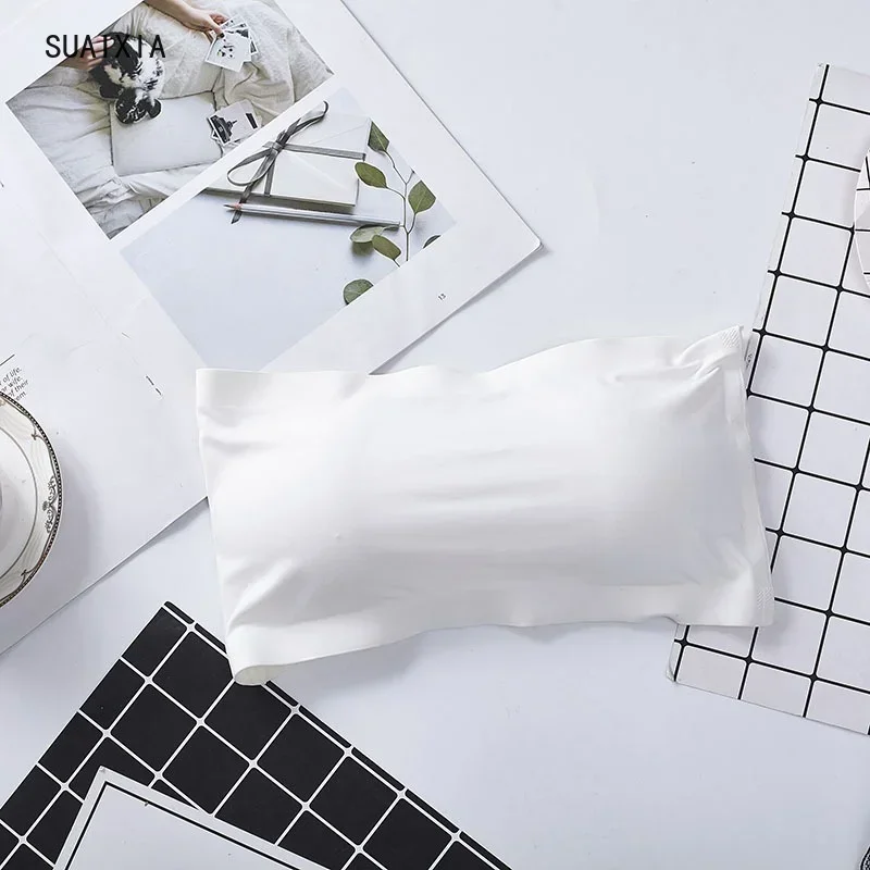 Jednodílné strečové podprsenky bez ramínek pro dospívající dívky, bezešvé bandeau podprsenky z ledového hedvábí, péče o prsa, měkké zavinovací kalhotky, zkrácené trubkové topy - náhled 4