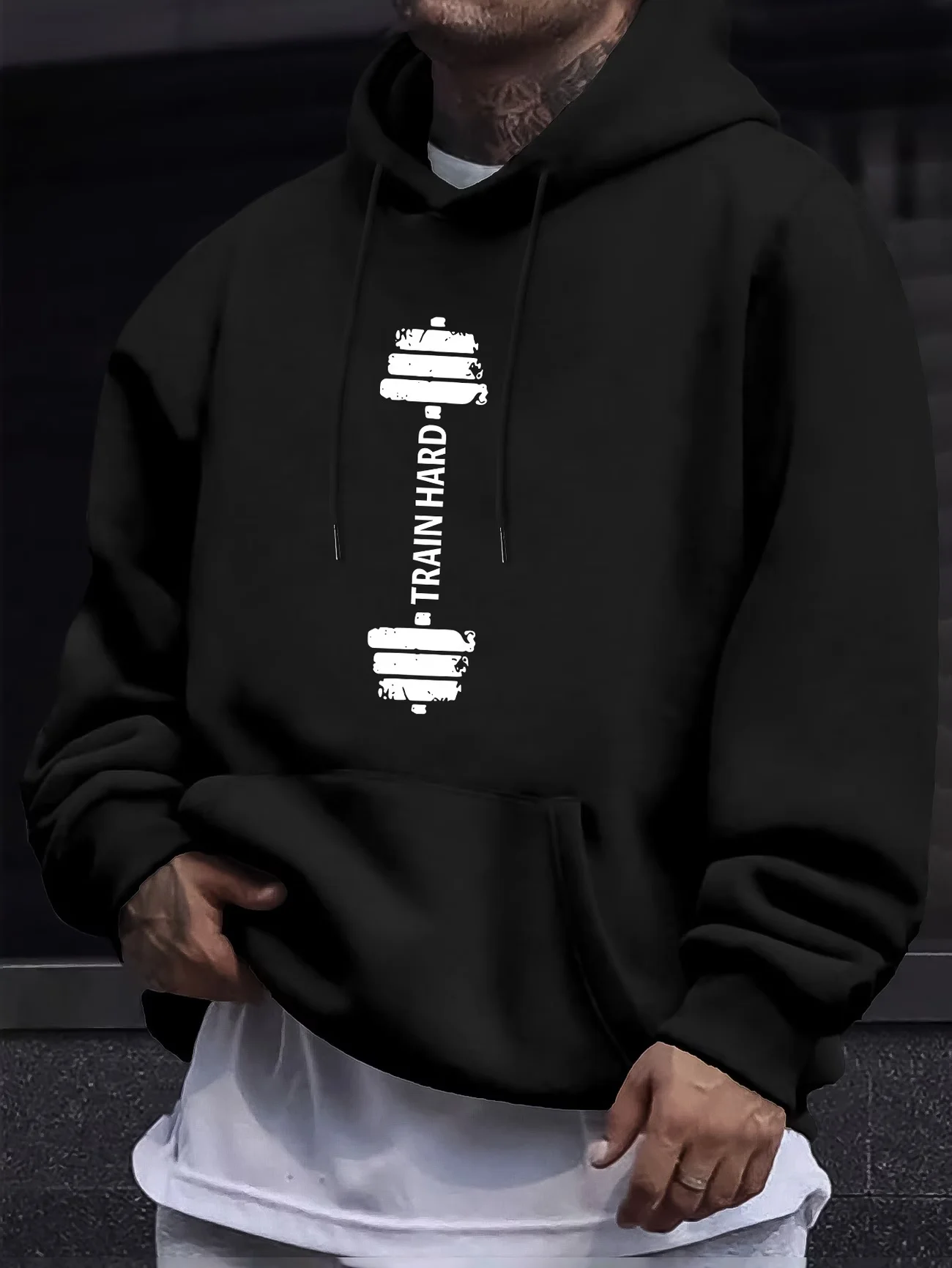 New Man's Kangaroo Pocket with Modern Minimalist Print Design Micro Elastic Fabric Sports Shirt with Casual Comfortable Hoodie